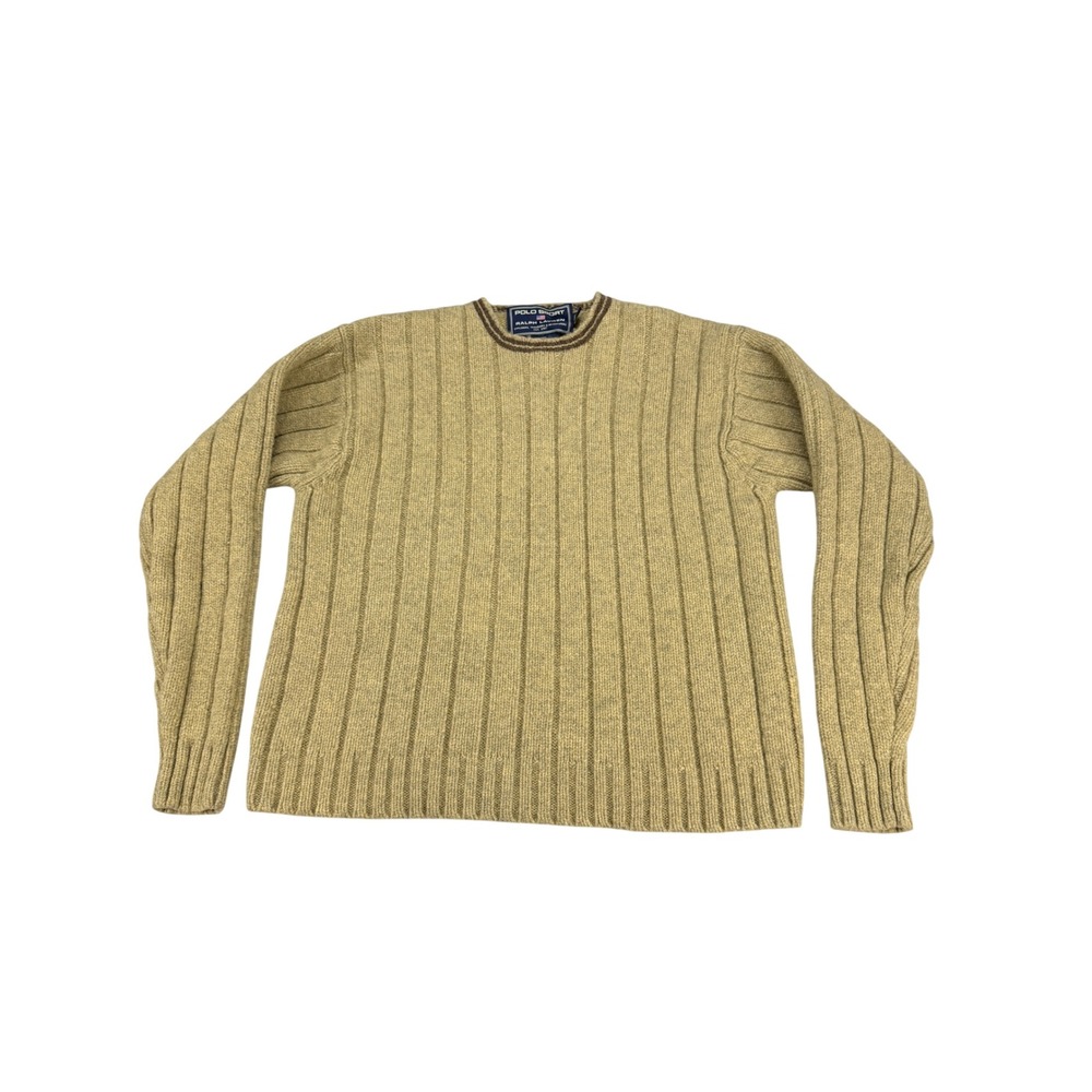 Vintage Polo Sport Ralph Lauren Mens Tan Ribbed 100% Lambswool Sweater Large